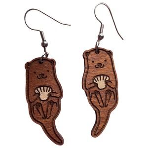 Wood Otter Shell Dangle Earrings Stainless Steel Hooks Cute Animal Nature ~2.5"